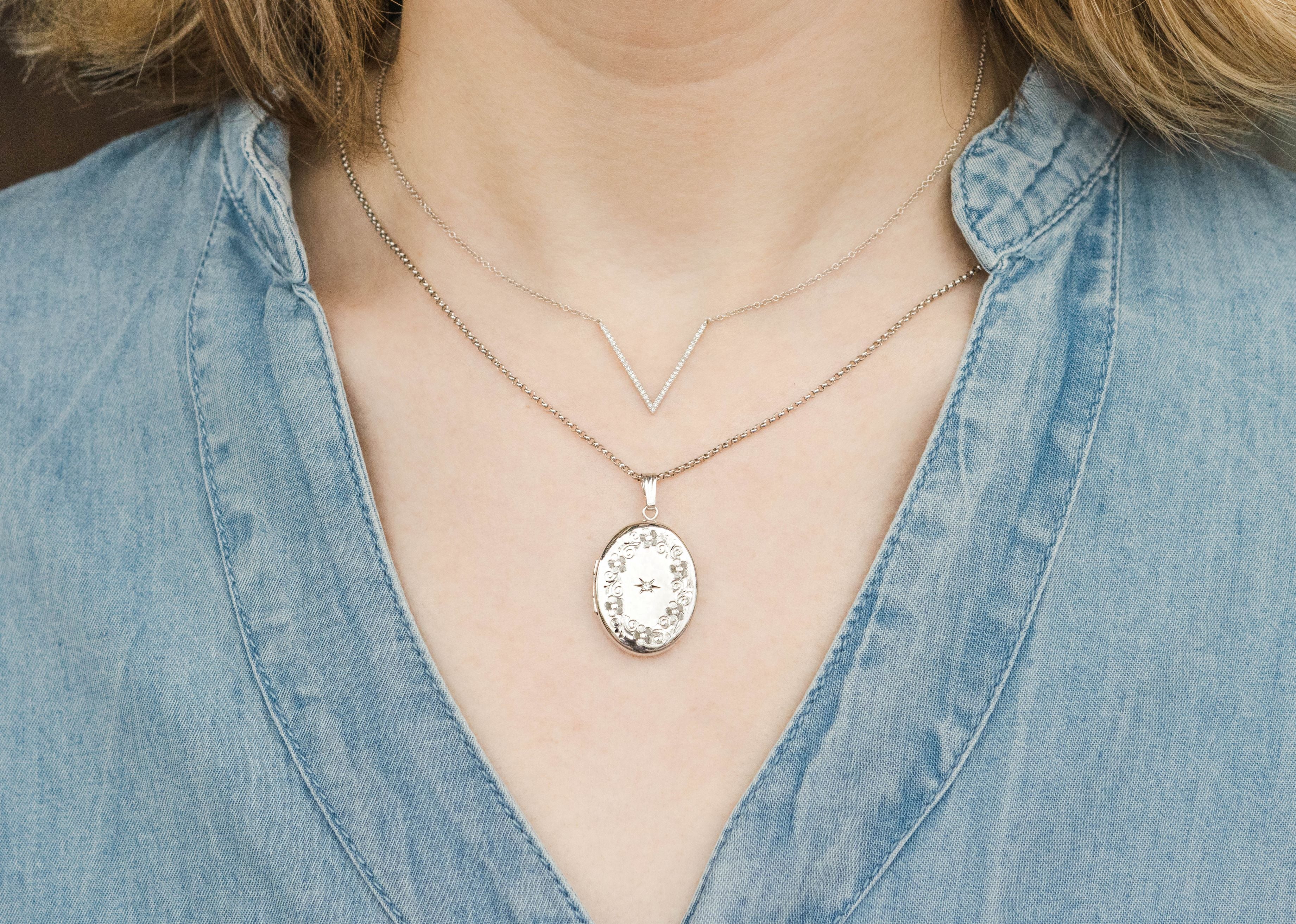Oval Diamond Locket Necklace in Sterling Silver, 20" Length