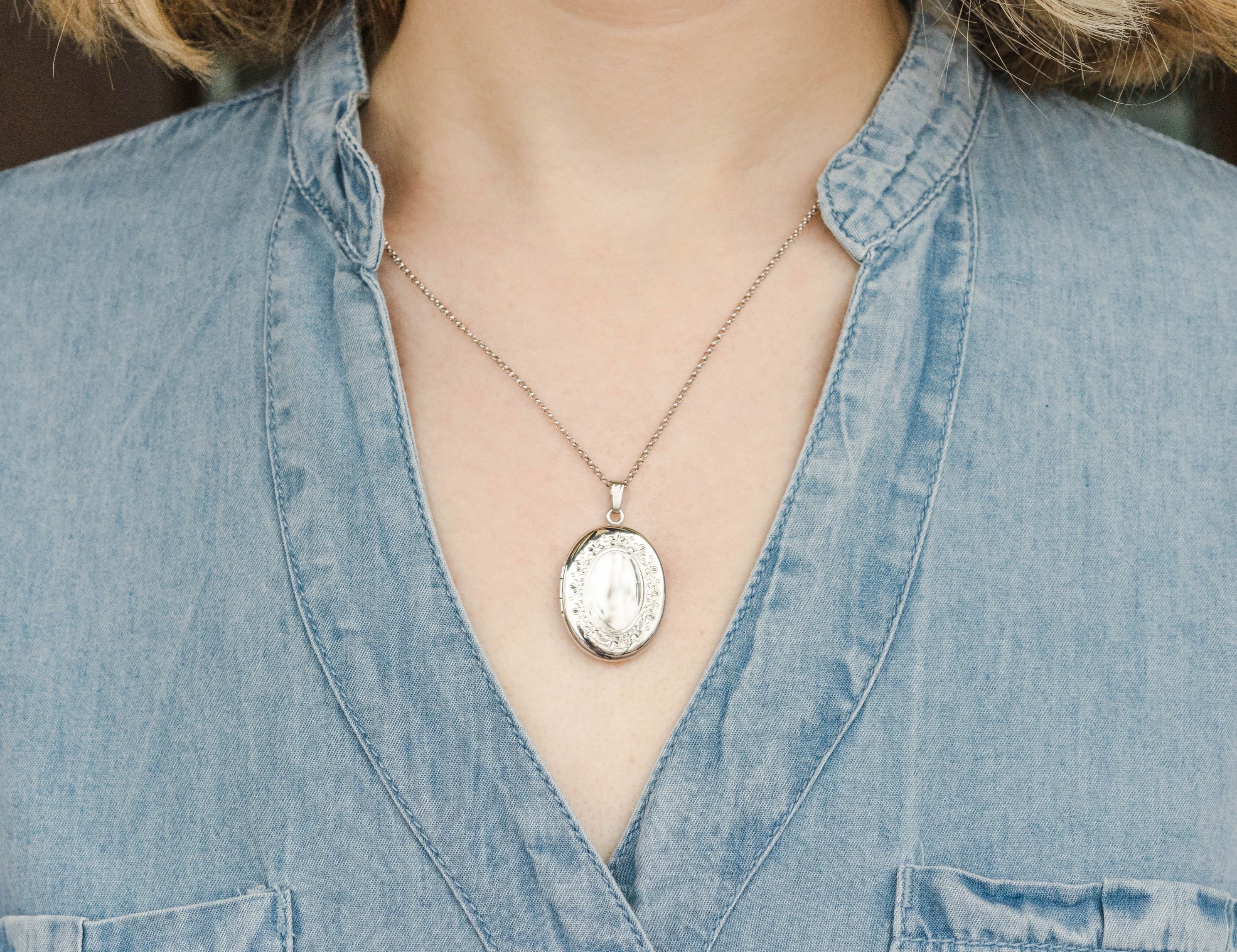 Oval Engravable Locket Necklace in Sterling Silver, 18" Length