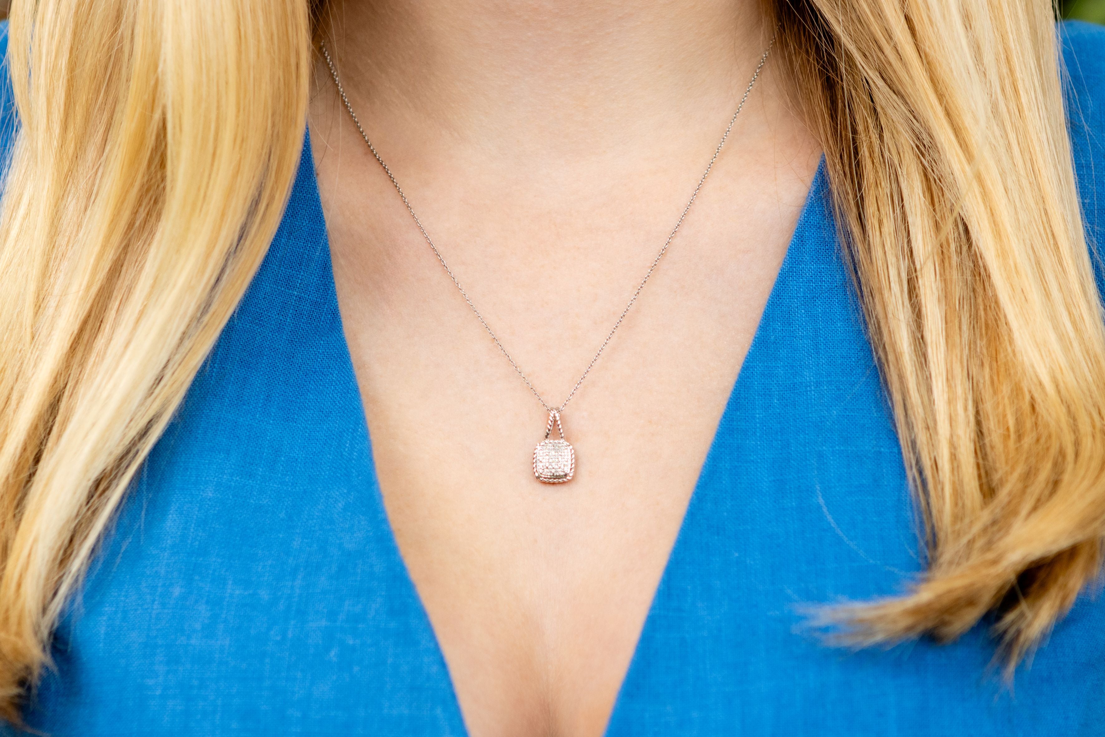 Pave Diamond Cushion Pendant Necklace in Sterling Silver