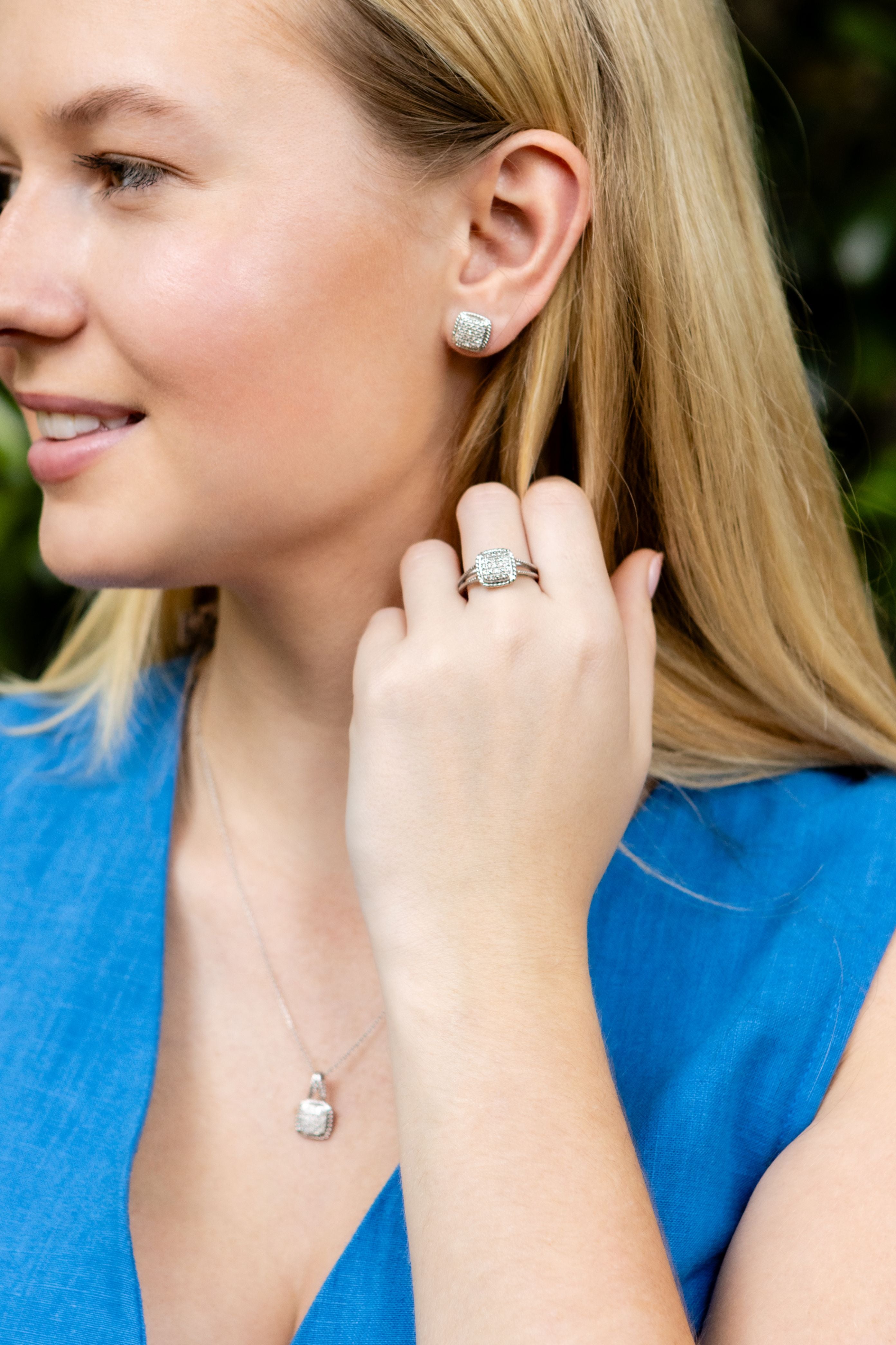 Pave Diamond Cushion Pendant Necklace in Sterling Silver