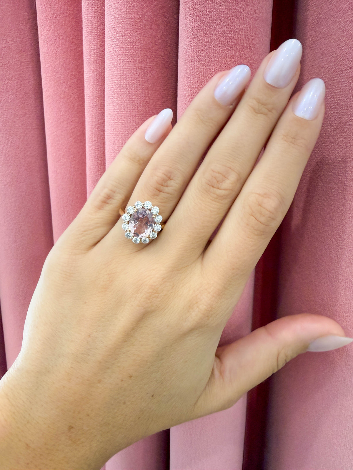Pink Oval Morganite Diamond Halo Ring in 18K Rose Gold, Size 7