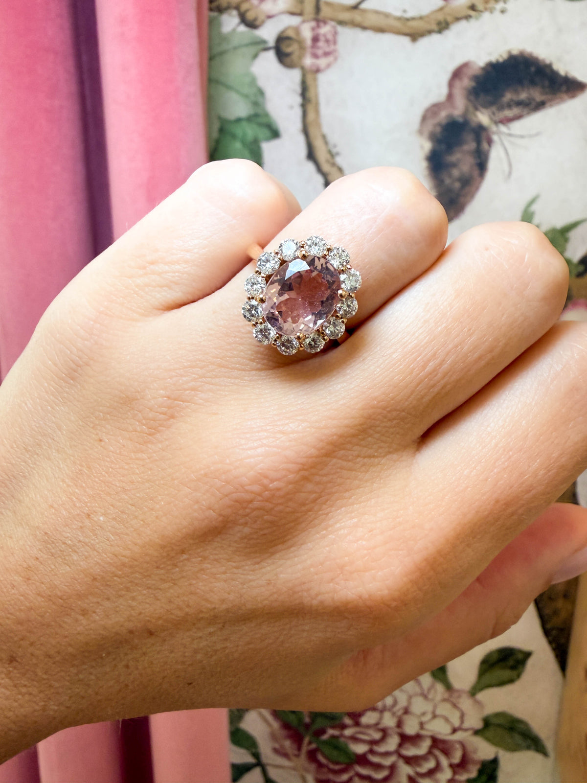 Pink Oval Morganite Diamond Halo Ring in 18K Rose Gold, Size 7