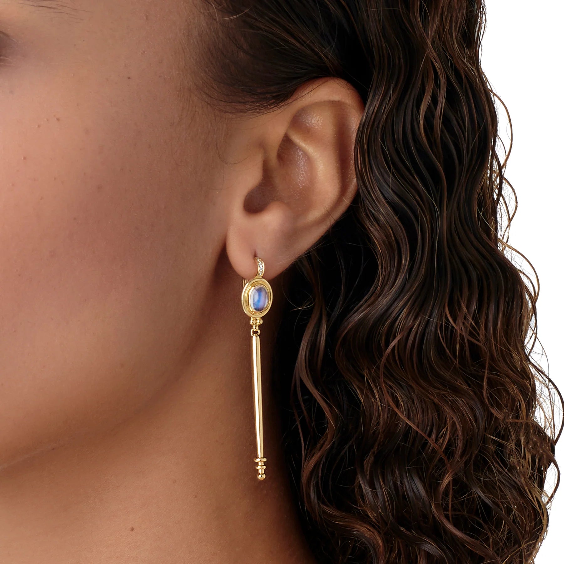 Temple St. Clair Blue Moonstone Baton Earrings in 18K Yellow Gold