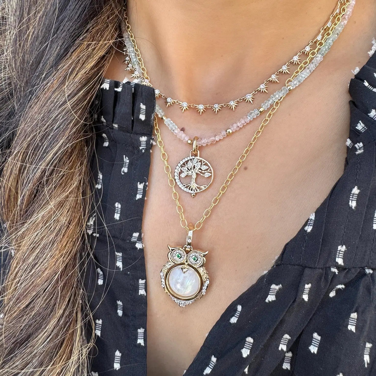 Three Stories New Moon Open Tree of Life Pendant in 14K Yellow Gold