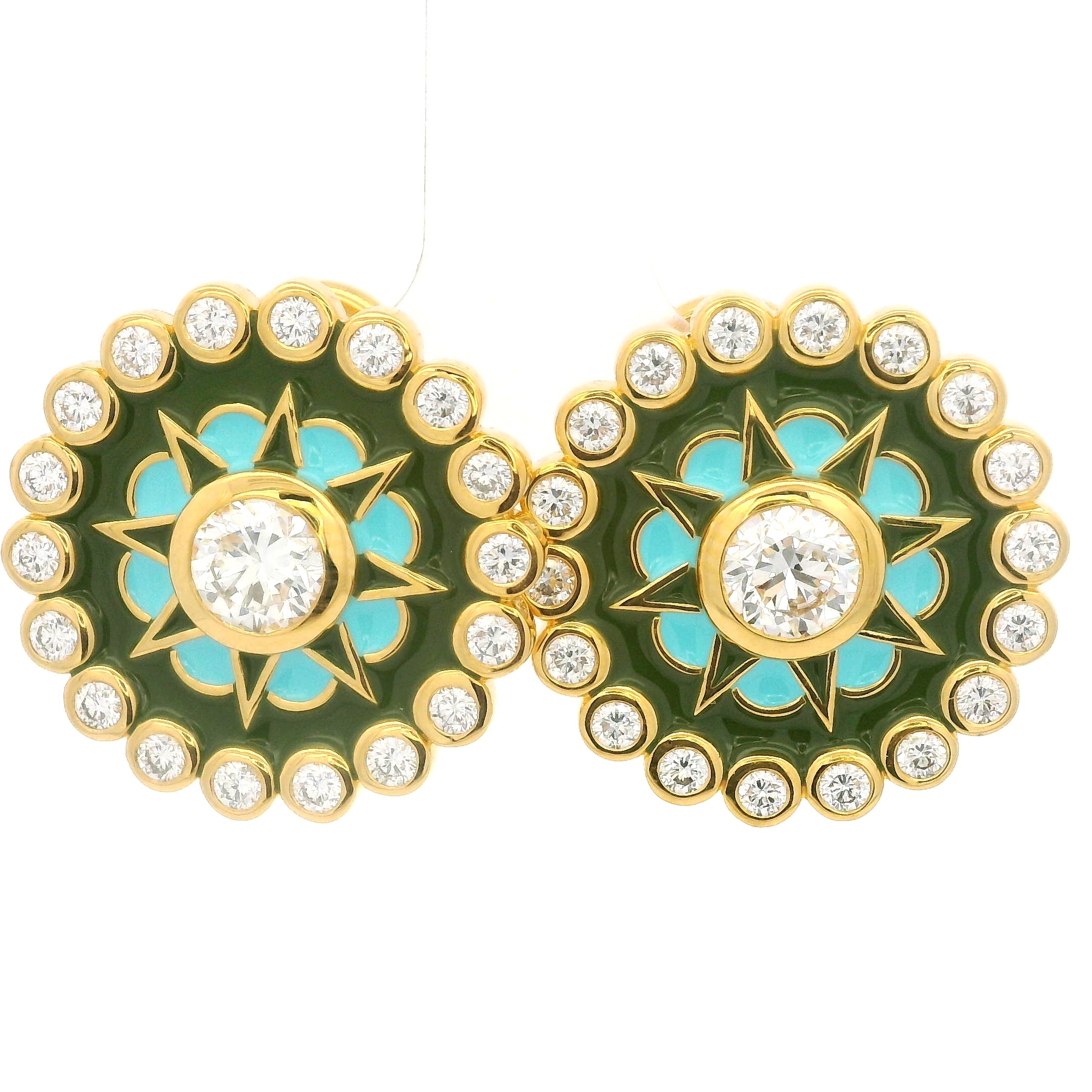Buddha Mama Mandala Omega Blue & Green Earrings in 20K Yellow Gold