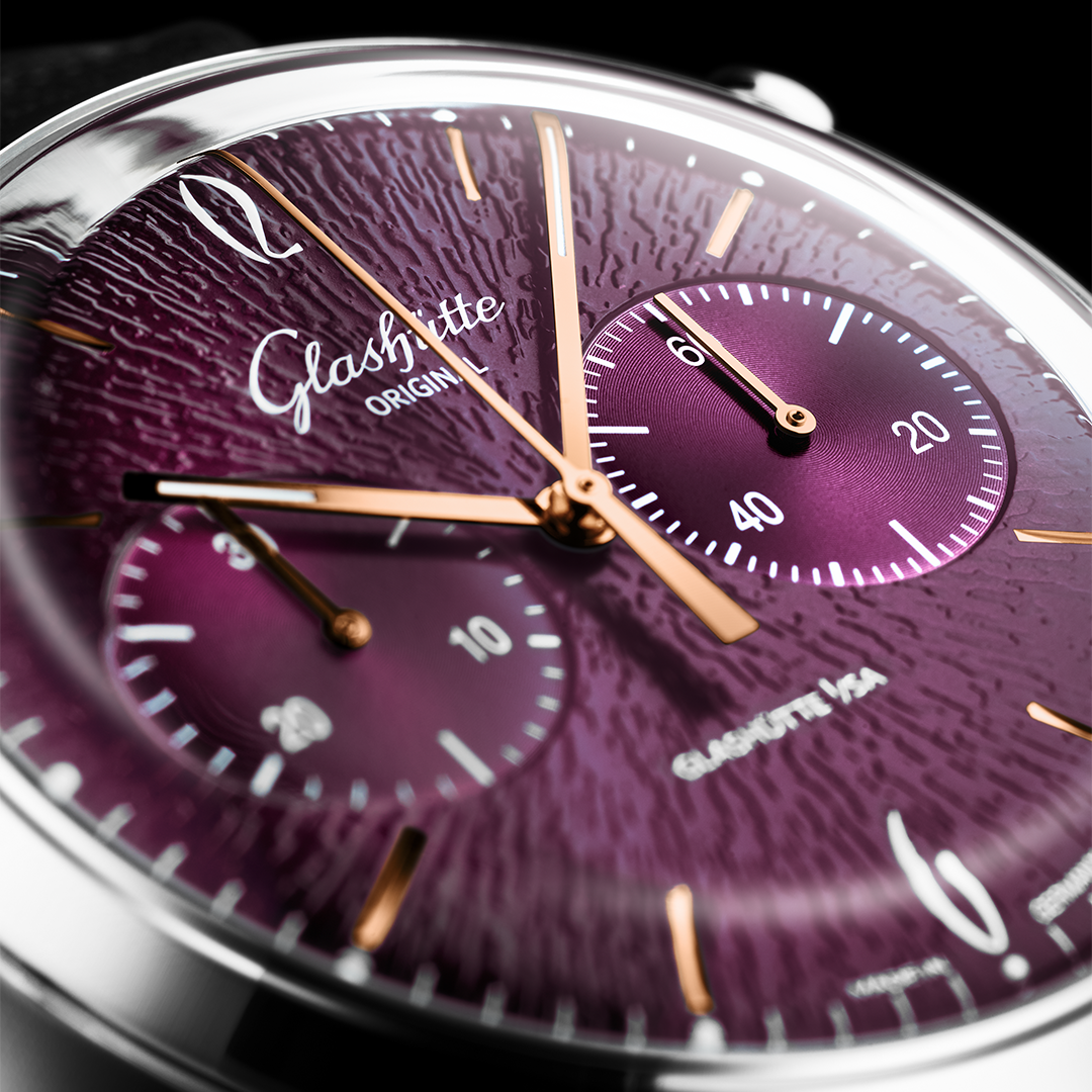 Glashutte Original Sixties Chronograph Watch with Purple Case and Black Strap
