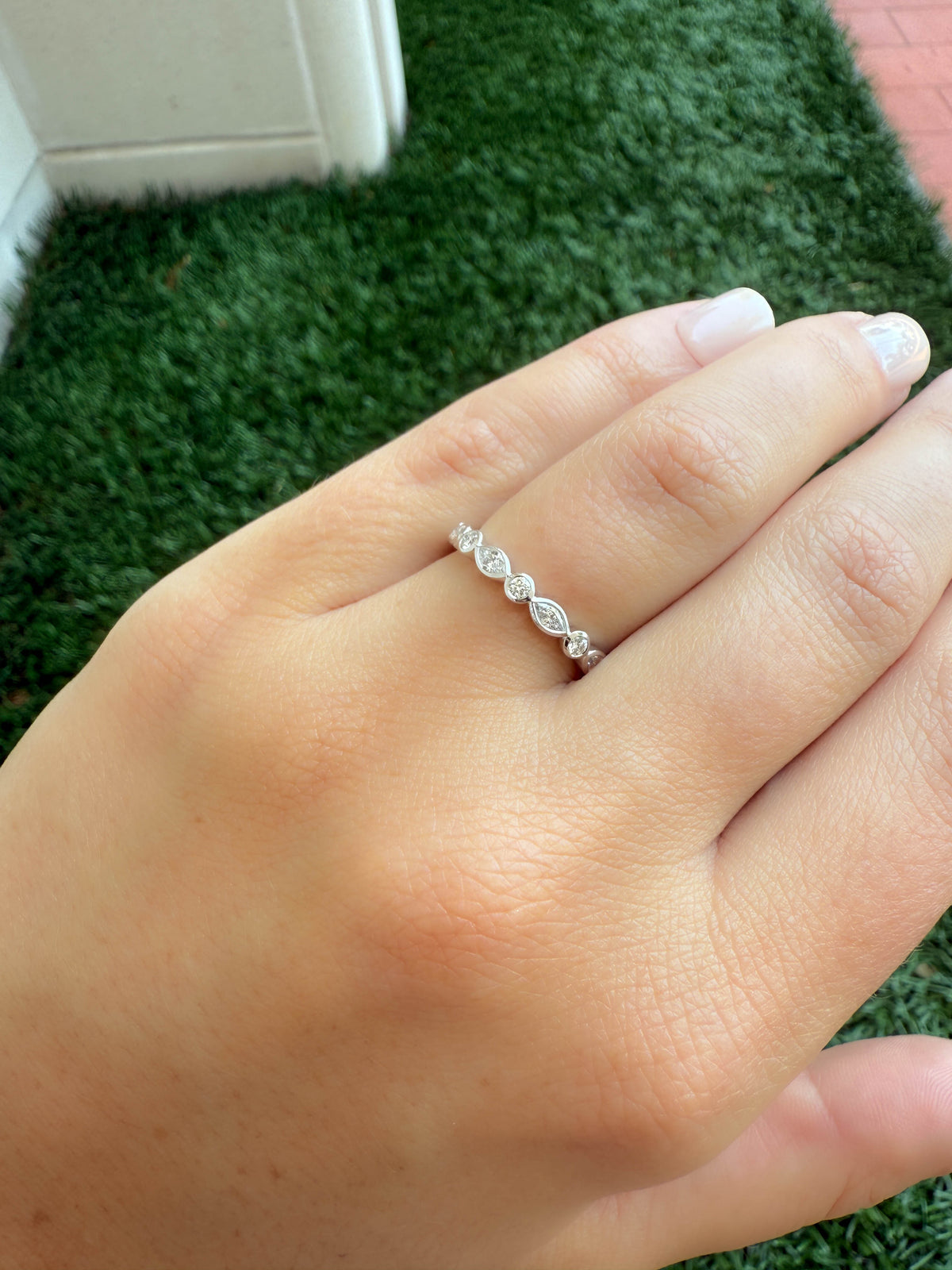 Alternating Bezel Marquise & Round Diamond Band in 14K White Gold, Size 6.5