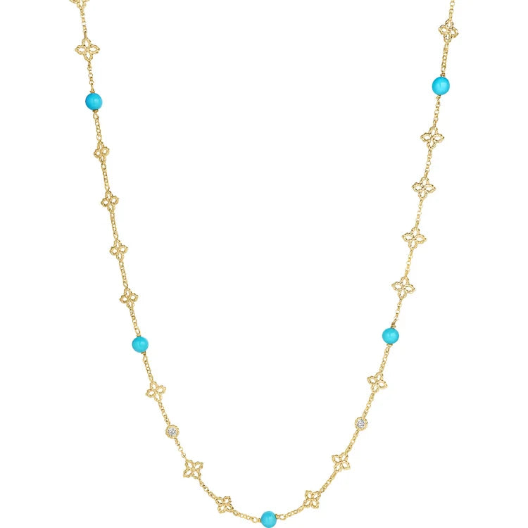 Roberto Coin Turquoise Princess Flower Station Necklace in 18K Yellow Gold