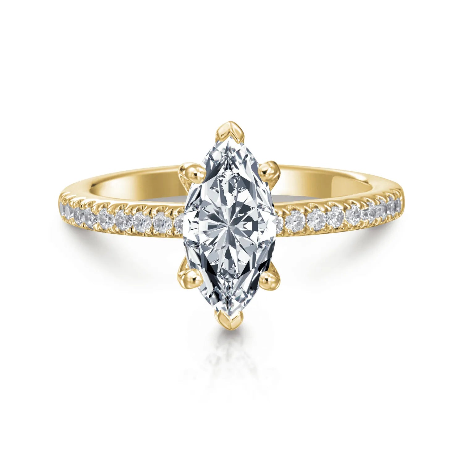 Gold ring with a large diamond and smaller diamonds on the band against a white background