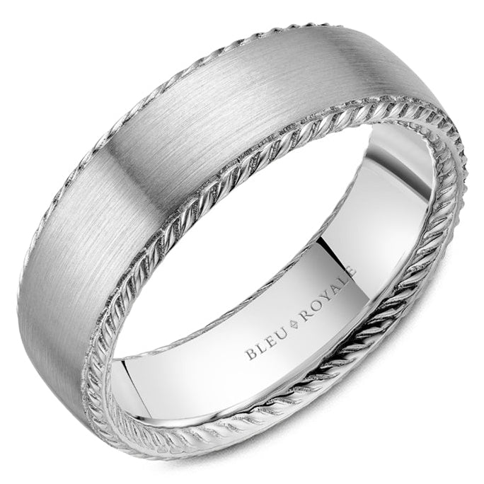 Crown Ring Men's 7MM Sandpaper Rope Edge Band in 14K White Gold, Size 10
