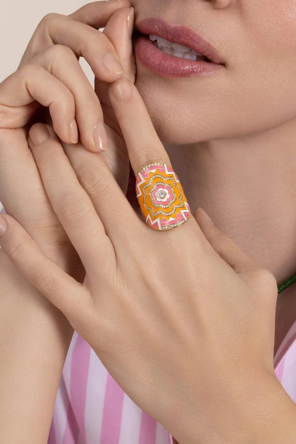 Buddha Mama Mandala Pink & Orange Wrap Ring in 20K Yellow Gold, Size 7.5