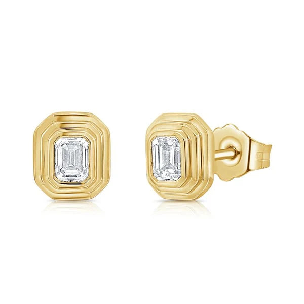 Double Bezel Emerald Diamond Stud Earrings in 14K Yellow Gold