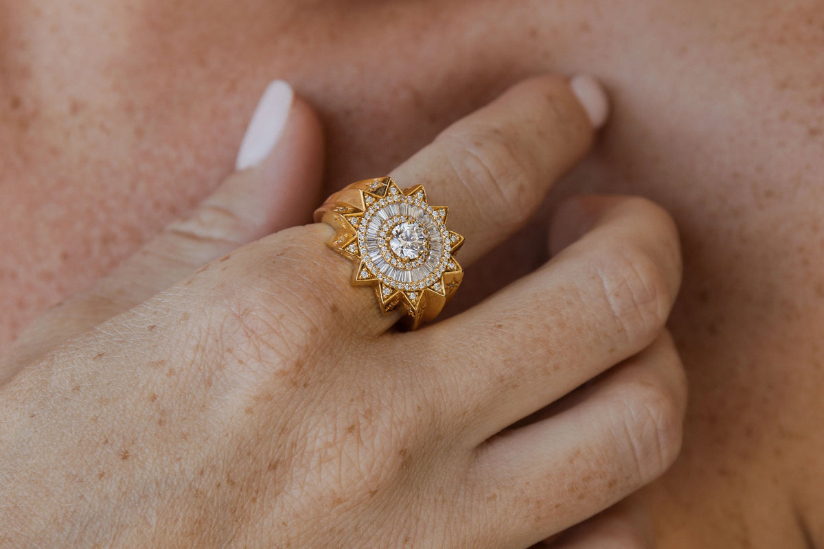 Buddha Mama Sun Signet Diamond Ring in 20K Yellow Gold, Size 8