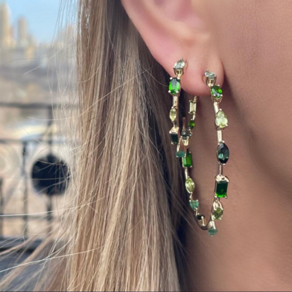 Eden Presley Mini Goddess Green Hoops in 14K Yellow Gold