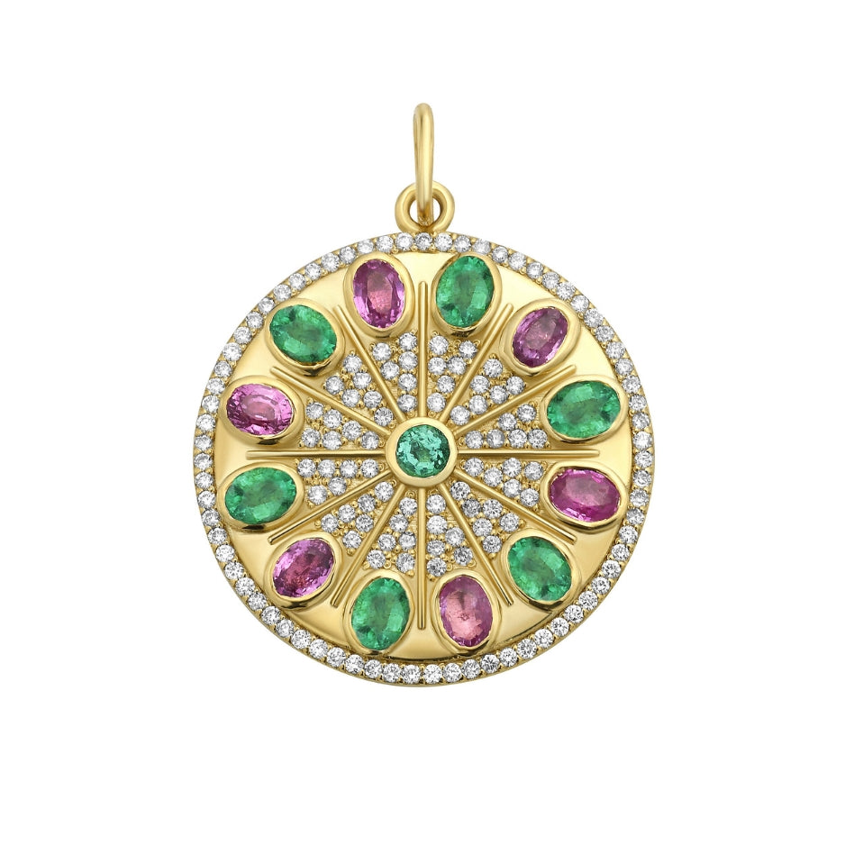 Lionheart Serenity Pink Sapphire & Emerald Medallion in 14K Yellow Gold