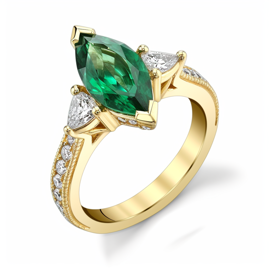 Gold ring with a green gemstone and diamonds on a white background