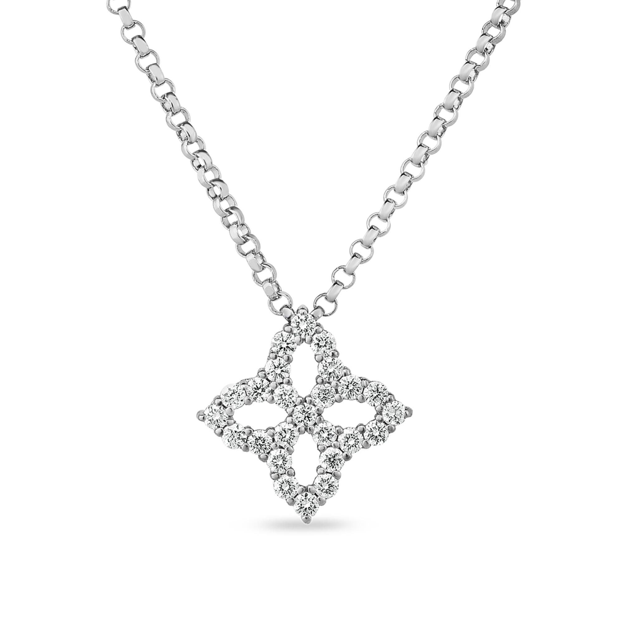 Roberto Coin Diamond Small Princess Flower Pendant Necklace in 18K White Gold, 18" Length