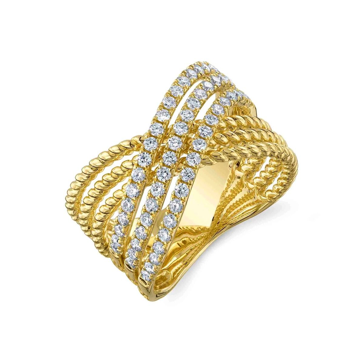 Rope Pave Diamond X Ring in 14K Yellow Gold, Size 7