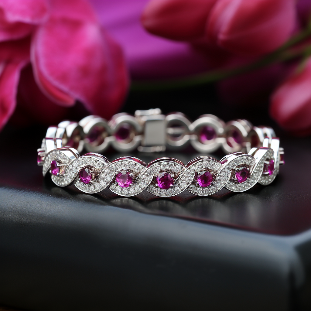 Silver bracelet with pink gemstones on a dark surface with pink flowers in the background