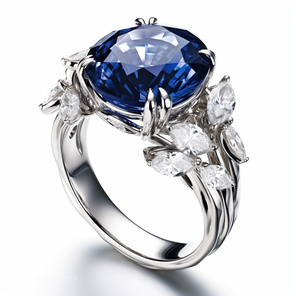 Elegant ring with a blue gemstone and diamond accents on a white background