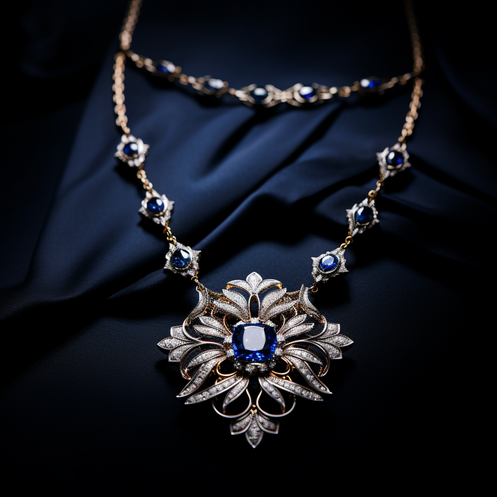 Elegant necklace with a blue gemstone pendant on a dark fabric background