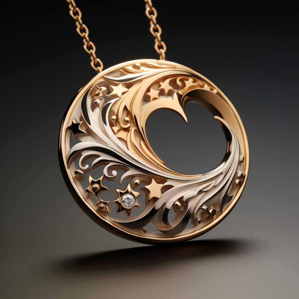 Gold and silver circular pendant with intricate designs on a dark background