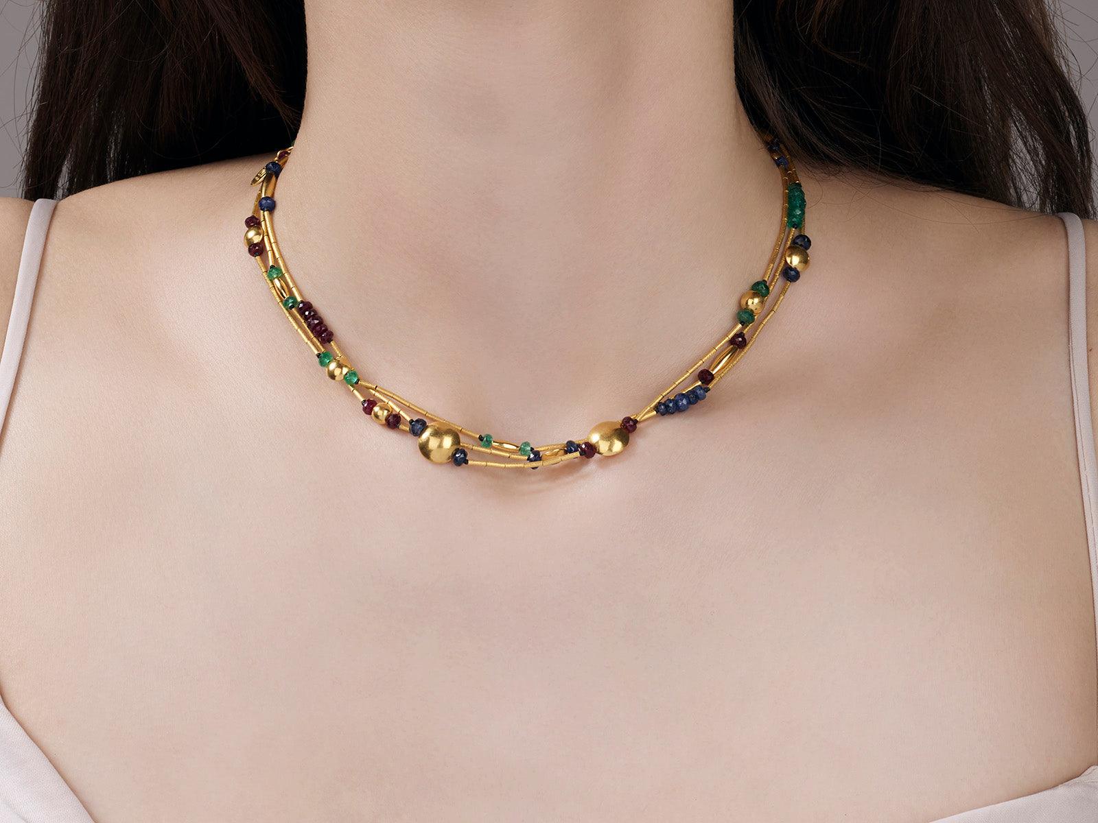 Gurhan Rain Multi-Stone Triple Strand Beaded Necklace in 24K Yellow Gold