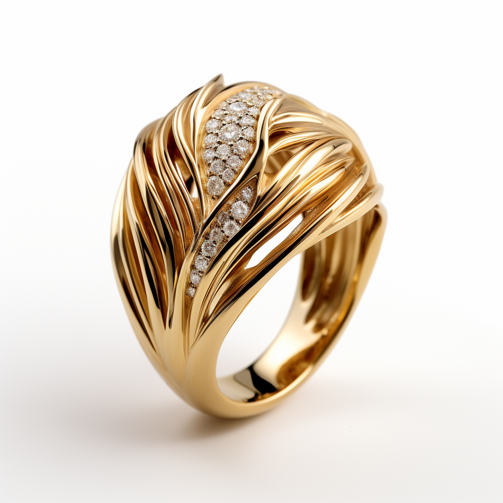 Gold ring with diamond accents on a white background