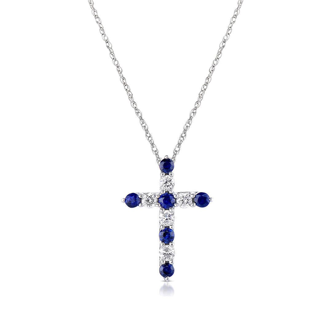 Alternating Sapphire Diamond Cross Necklace in 14K White Gold