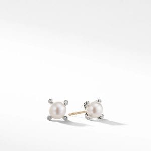 David Yurman Pearl Stud Earrings in Sterling Silver with Pearls and Diamonds, 7.4mm DY Bailey's Fine Jewelry