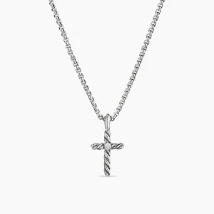 David Yurman Cable Collectibles Kids Cross Necklace in Sterling Silver with Center Diamond DY Bailey's Fine Jewelry