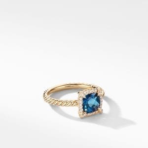 David Yurman Petite Chatelaine Pave Bezel Ring in 18K Yellow Gold with Hampton Blue Topaz and Diamonds, 7mm Rings Bailey's Fine Jewelry