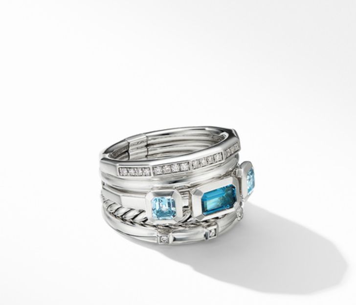 David Yurman Stax Wide Ring with Hampton Blue Topaz and Diamonds, Size ...