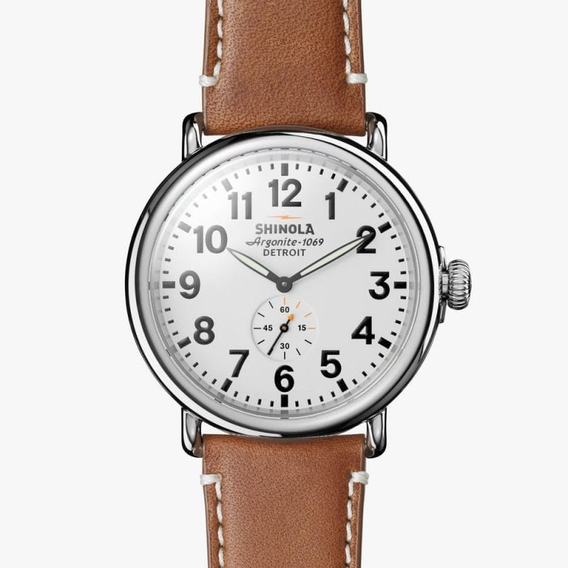 Shinola Runwell 47mm Watch with White Dial and Brown Leather Strap ...