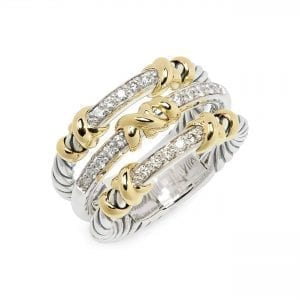David Yurman Petite Helena Wrap Three Row Ring in Sterling Silver with 18K Yellow Gold and Diamonds, 12mm DY Bailey's Fine Jewelry