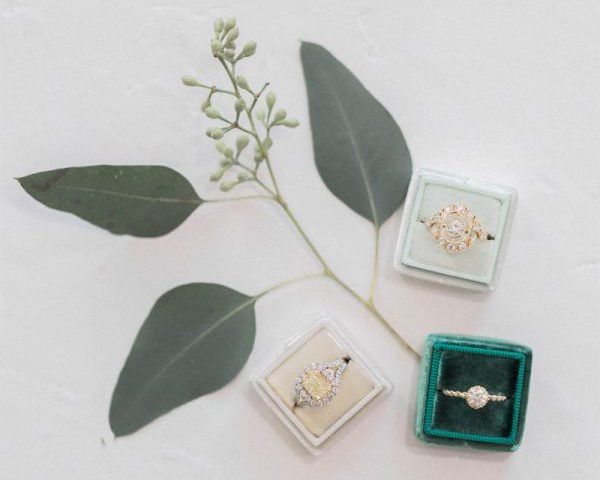 engagement rings in various shades of green velvet boxes with green leaf decor