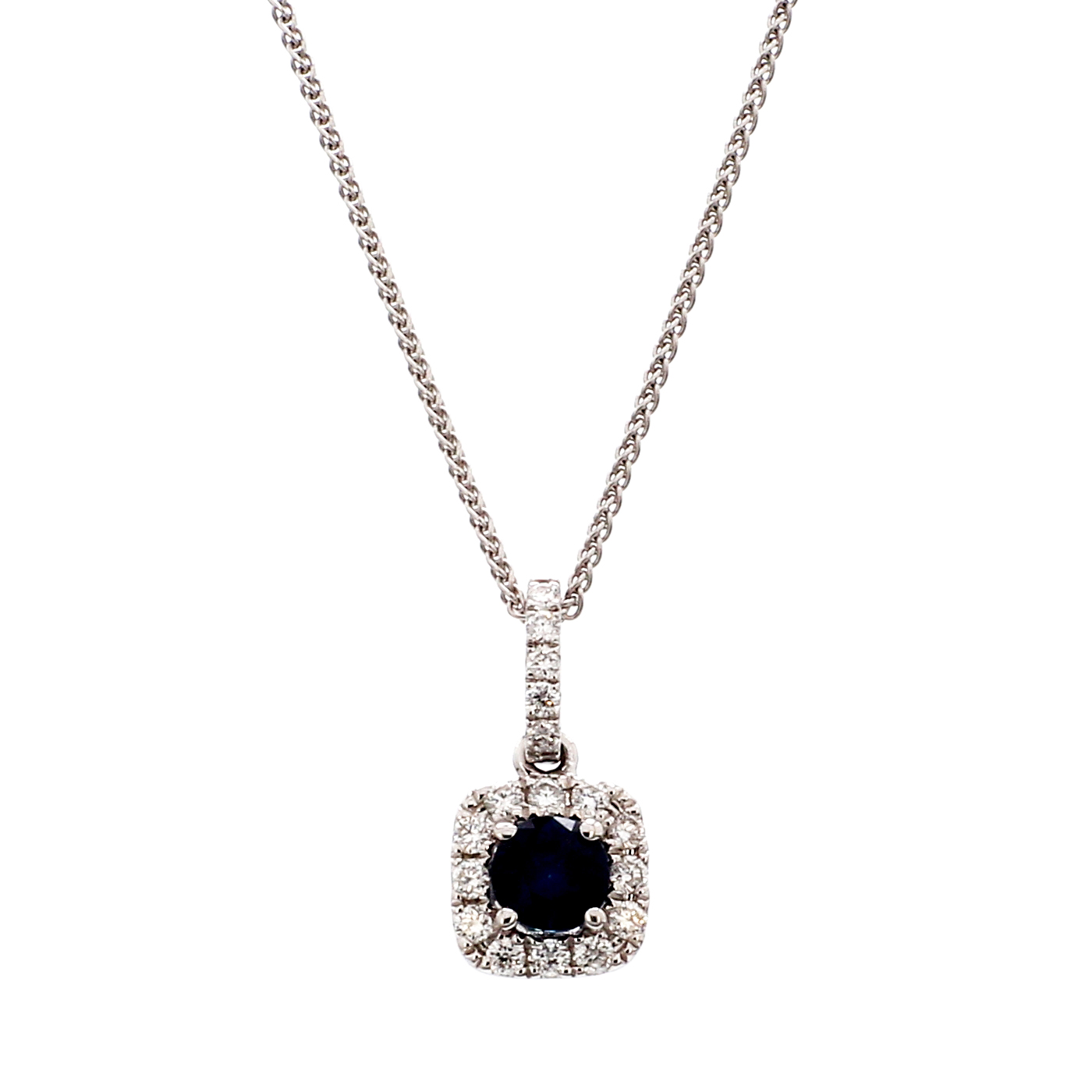 Sapphire & Diamond Halo Cushion Pendant Necklace in 14k White Gold ...