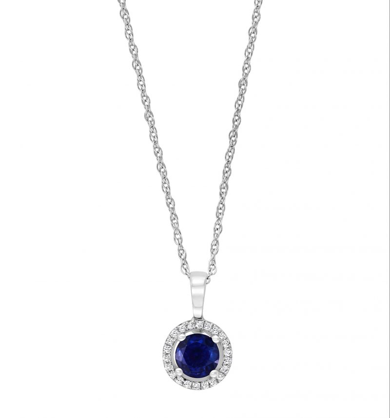 Sapphire & Diamond Halo Pendant Necklace in 14k White Gold