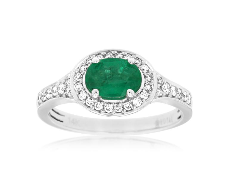 East-West Emerald & Diamond Halo Ring in 14k White Gold