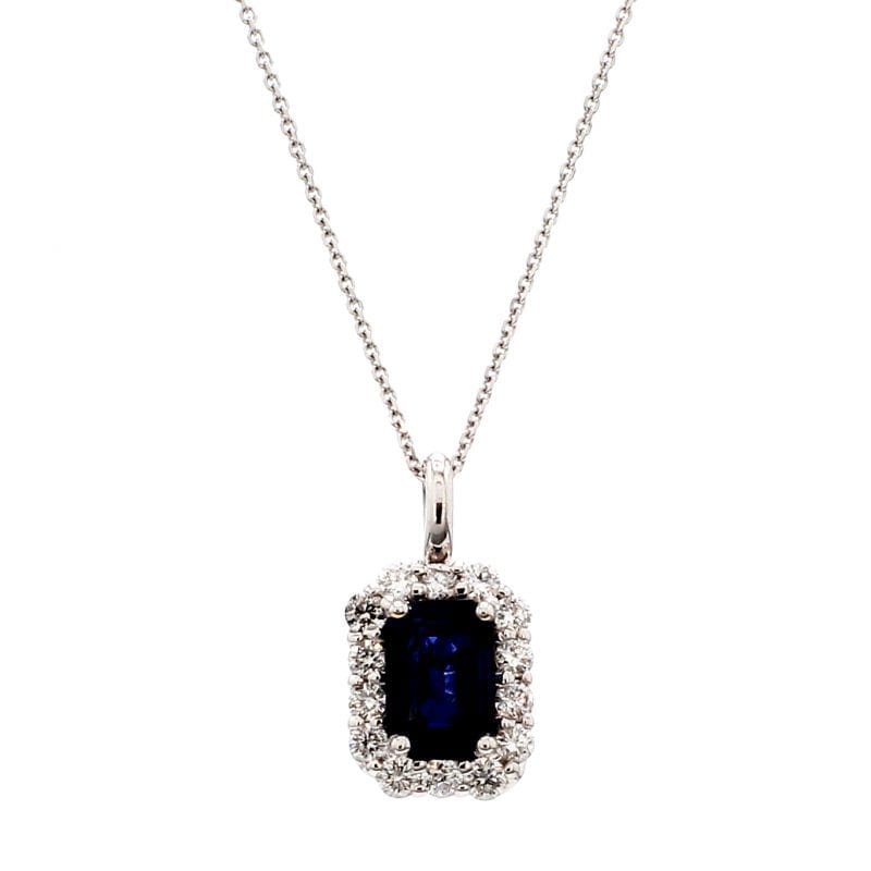 Emerald Cut Sapphire & Diamond Pendant Necklace in 14k White Gold ...