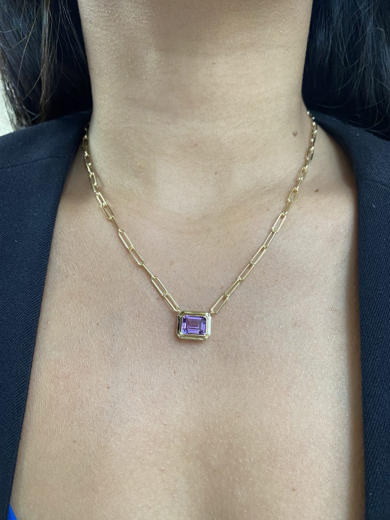 16 mm Clear Amethyst Emerald Cut Pendant Necklace with Silver and Gold  Colored Metal Setting, Bird Design