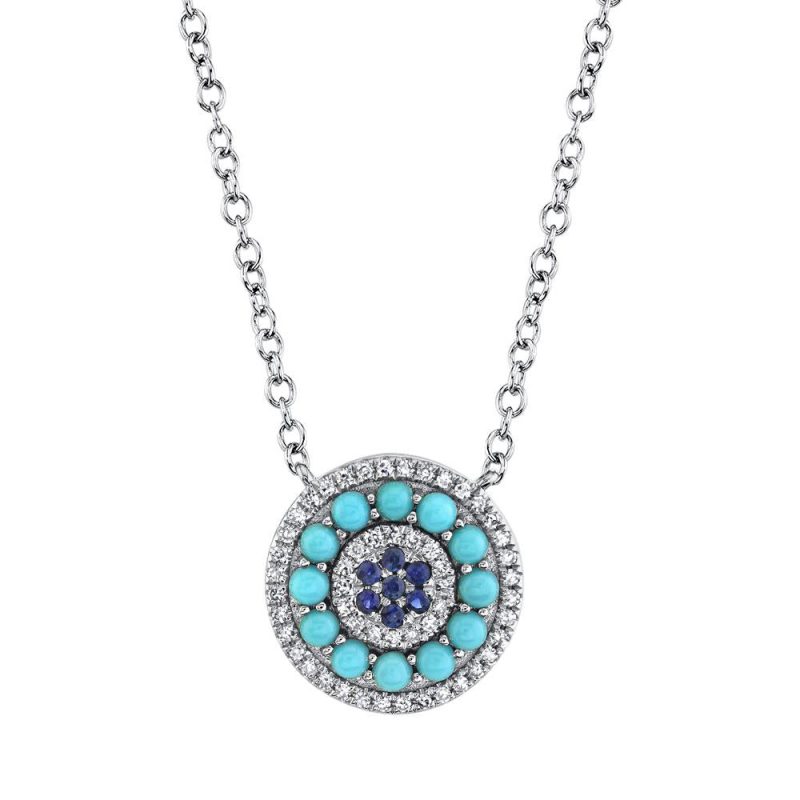 Diamond, Blue Sapphire, and Turquoise White Gold Disc Necklace