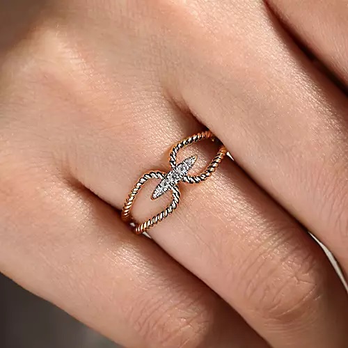 14K Yellow Gold Twisted Rope Pave Diamond Connector Ring