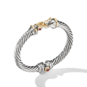 David Yurman Buckle Classic Cable Bracelet in Sterling Silver with 18K Yellow Gold and Rhodolite Garnets, 7mm Bracelets Bailey's Fine Jewelry