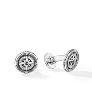 David Yurman Maritime Compass Cufflinks in Sterling Silver with Center Black Diamond, 16mm DY Bailey's Fine Jewelry